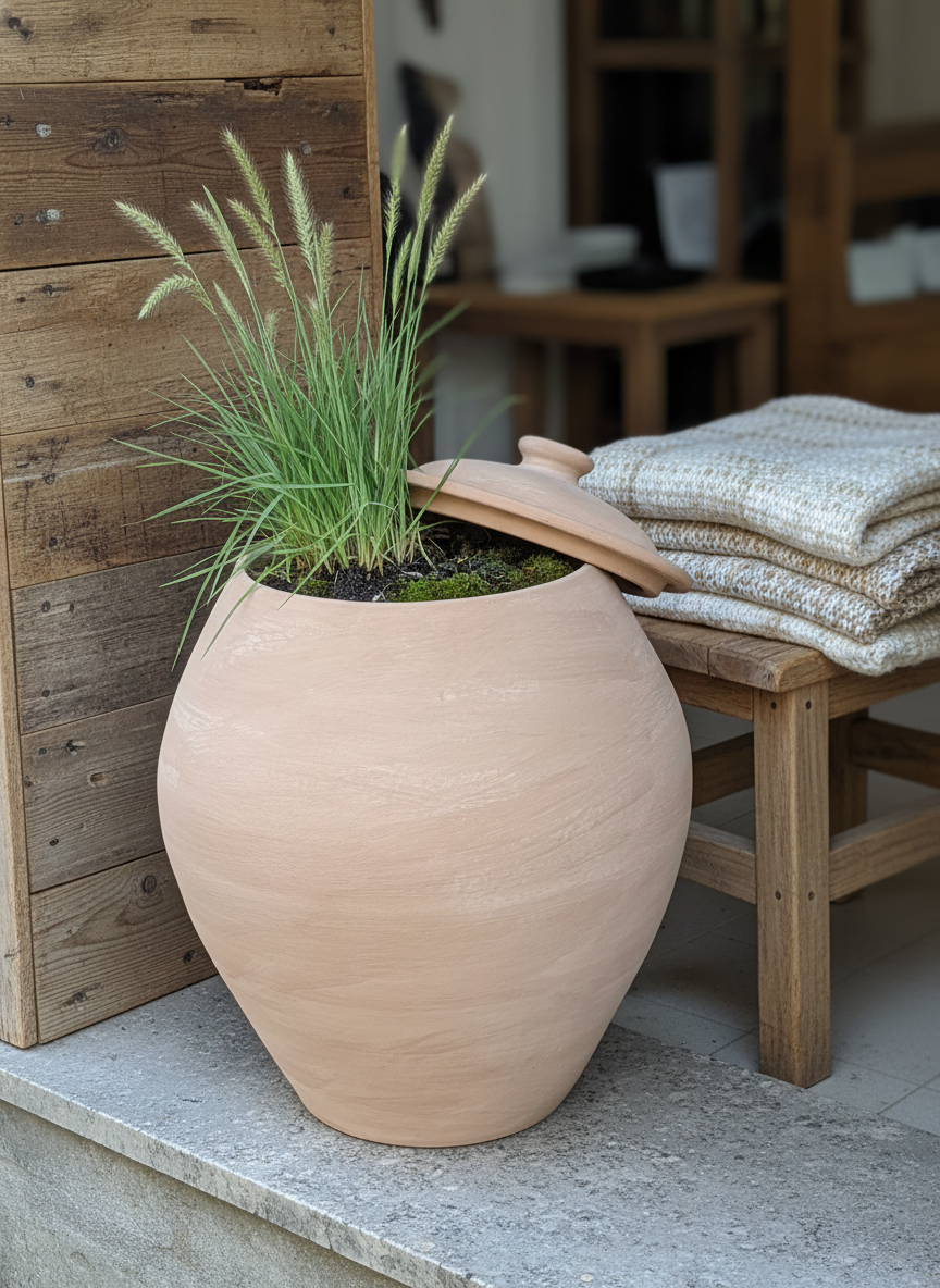 Vaso terracota artesanal EXC. com Tampa, feito à mão Portugal. Design natural e sustentável nos estilos Japandi, minimalista, rústico, farmhouse e moderno e wabi-sabi. Decoração de interiores; design biofílico;