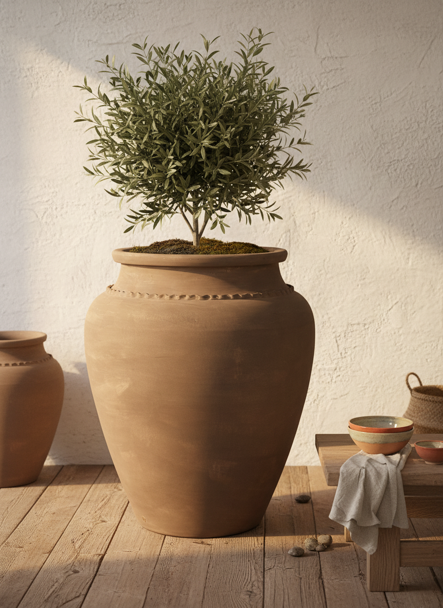 Vaso terracota artesanal Kora E handmade Portugal. Decoração Japandi, minimalista, rústico, mediterrânico, farmhouse e cottage. Decoração de interiores; Design biofílico;