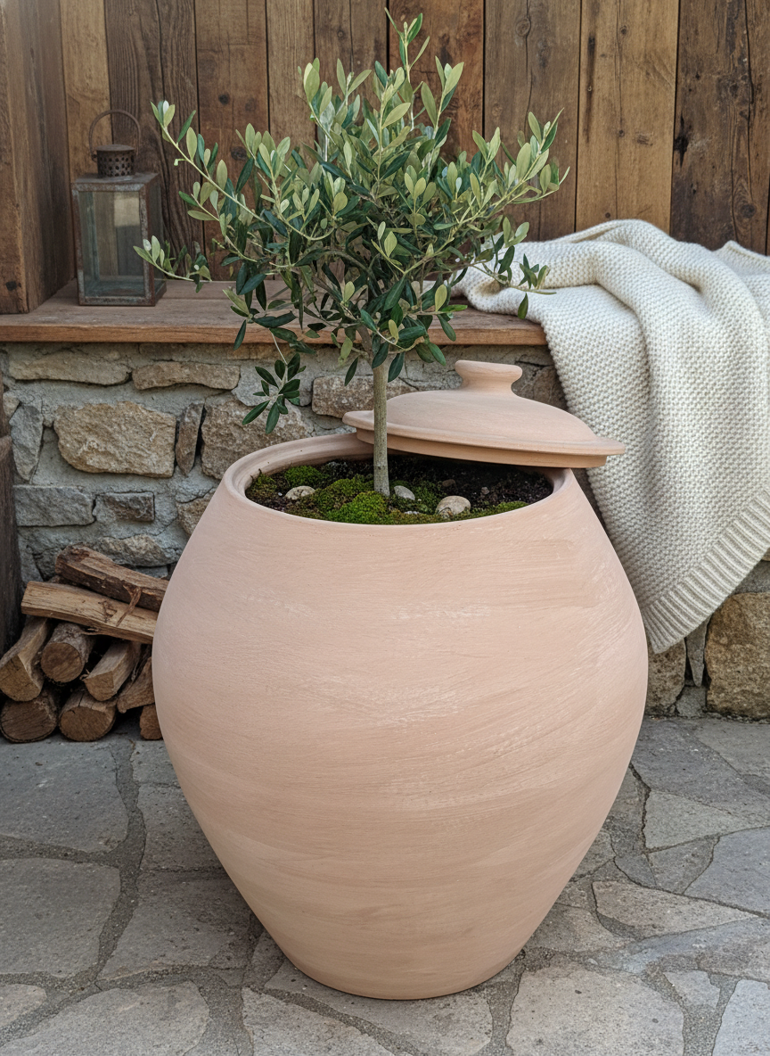 Vaso terracota artesanal EXC. com Tampa, feito à mão Portugal. Design natural e sustentável nos estilos Japandi, minimalista, rústico, farmhouse e moderno e wabi-sabi. Decoração de interiores; design biofílico;