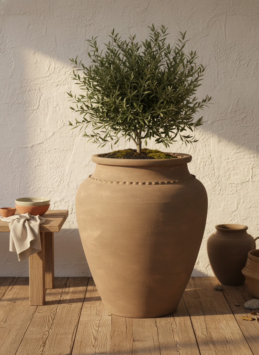 Vaso terracota artesanal Kora E handmade Portugal. Decoração Japandi, minimalista, rústico, mediterrânico, farmhouse e cottage. Decoração de interiores; Design biofílico;