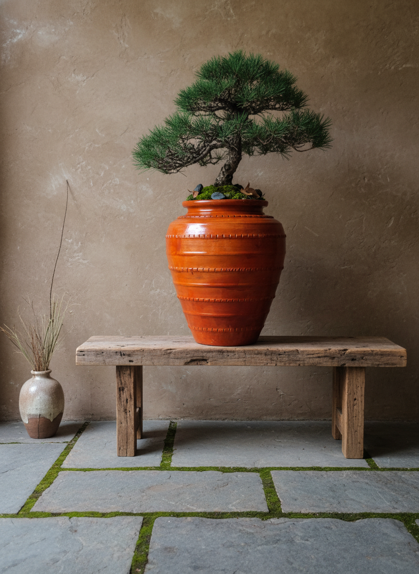 Vaso terracota artesanal  Safi G handmade em Portugal. Decoração sustentável nos estilos wabi-sabi, farmhouse, Japandi, minimalista, mediterrânica, cottagecore e moderno.  Design de interiores; design biofílico;